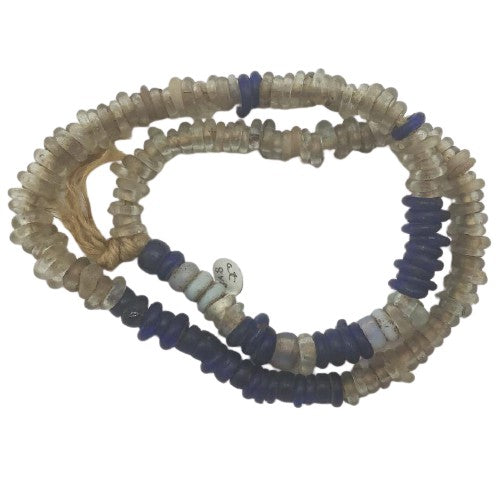 24 inch Strand of Cobalt Blue and Clear Dutch Donut Blue Annular Wound Glass Antique Trade Beads - Rita Okrent Collection (AT0848)