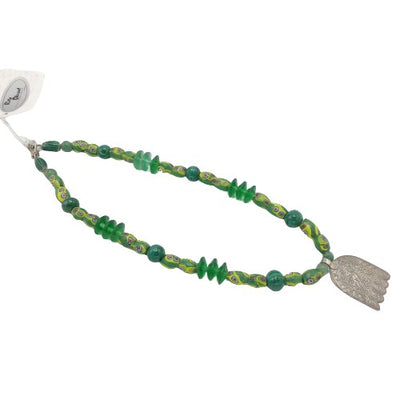 Green African Trade Bead Necklace with Silver Hamsa - Rita Okrent Collection (NE409)