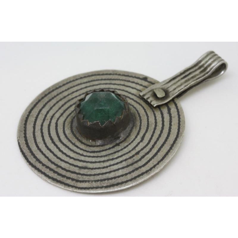 Berber Niello Infinity Pendant, with Green Faceted Glass Setting, Morocco, Old