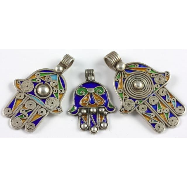 Berber Enameled Silver Hamsas, Group of 3, Morocco 