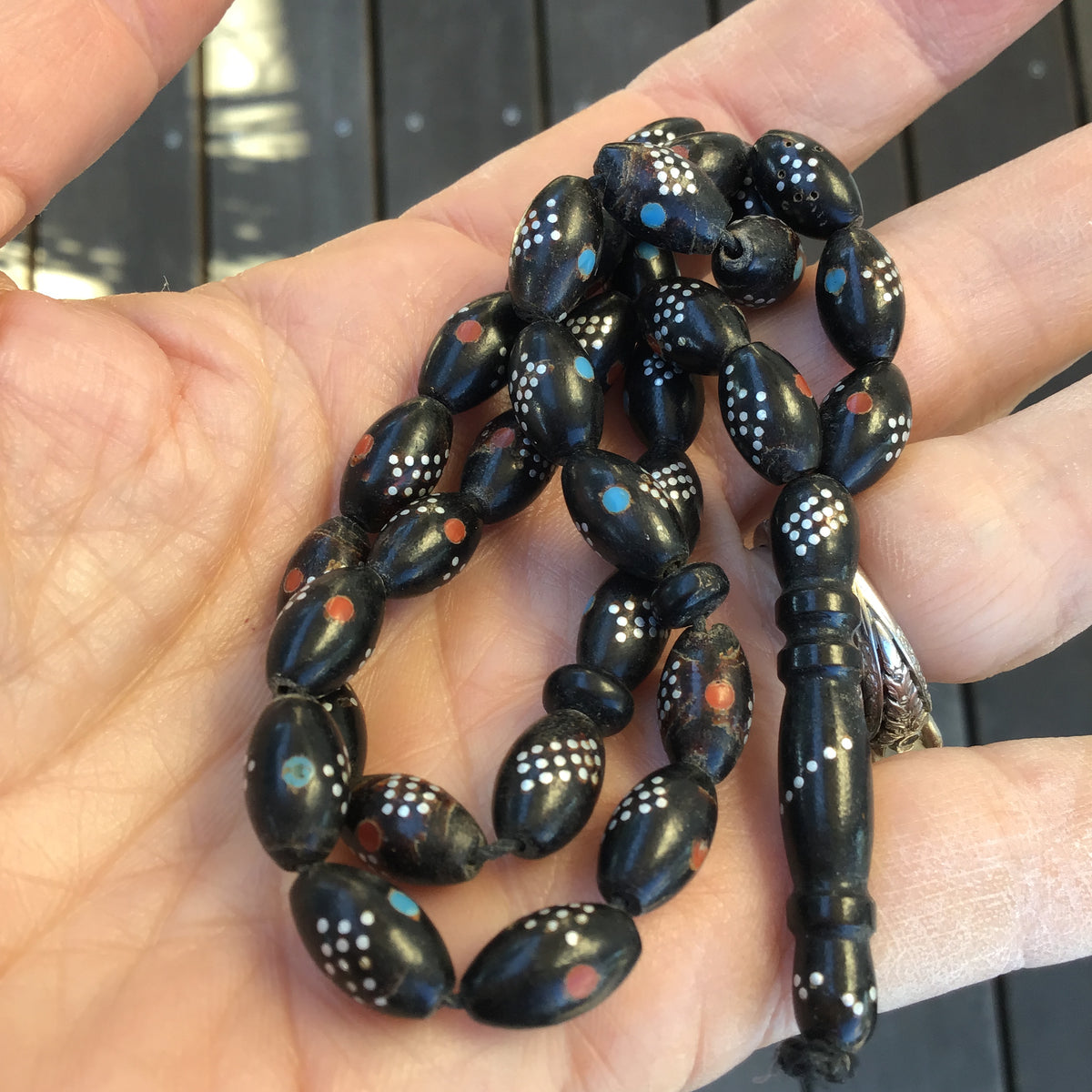 Yemeni Black Coral Beads, Inlaid with Silver, Coral and Turquoise, Rosary -Tesbih - Prayer Strand - Rita Okrent Collection (ANT825b)