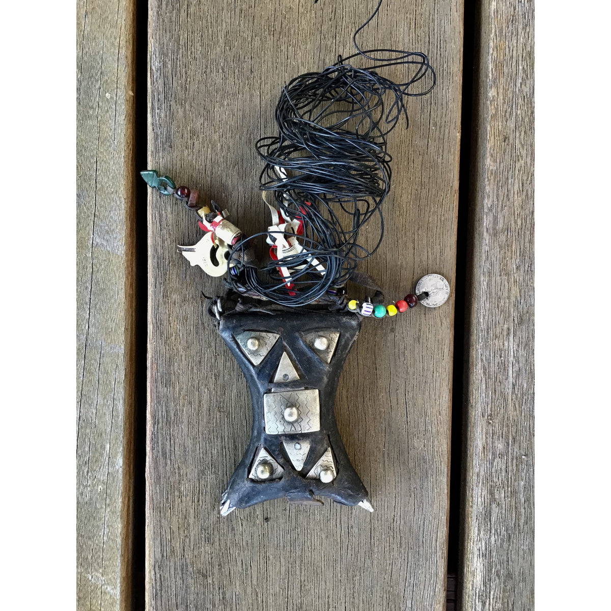 Tuareg Kitab Tcherot Leather and Silver Double Amulet, with Raised Buttons and Lots of Decoration, Mauritania - Rita Okrent Collection (P642o)