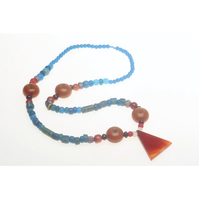 Mauritanian Necklace, Blue Beads with Faux Amber Beads, African Trade - Rita Okrent Collection (AT0912)