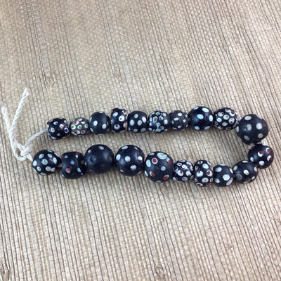 20 Antique Thousand Eye Skunk Mixed Trade Beads, Black with White and Red Dots - AT0667