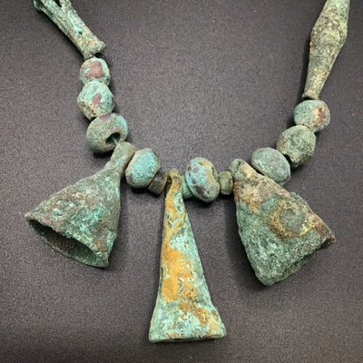Antique Bronze Bead Necklace with Hanging Bell Pendants and Lots of Patina, Mali - Rita Okrent Collection (C174c)