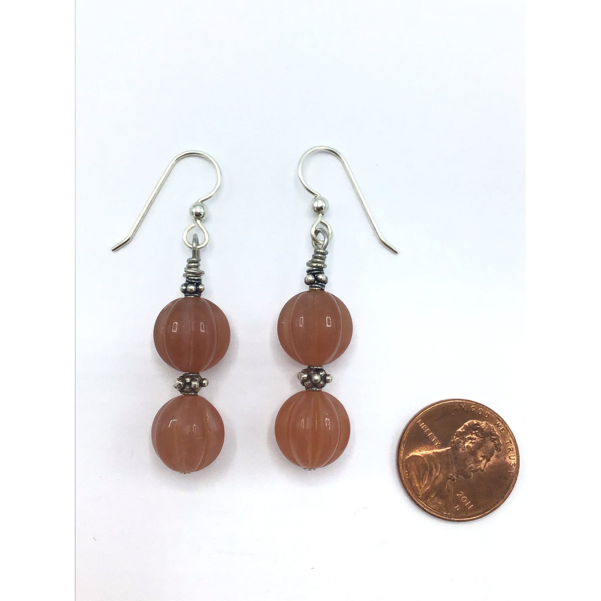 Vintage Bohemian Faux Carnelian Melon Glass Bead Hanging Earrings - Rita Okrent Collection (E340)