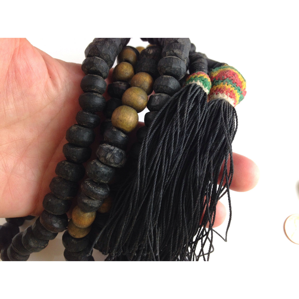 Lovely Old Long Decorative Mauritanian Wood Rosary Prayer Beads Tesbih with 3 Tassels - ANT222