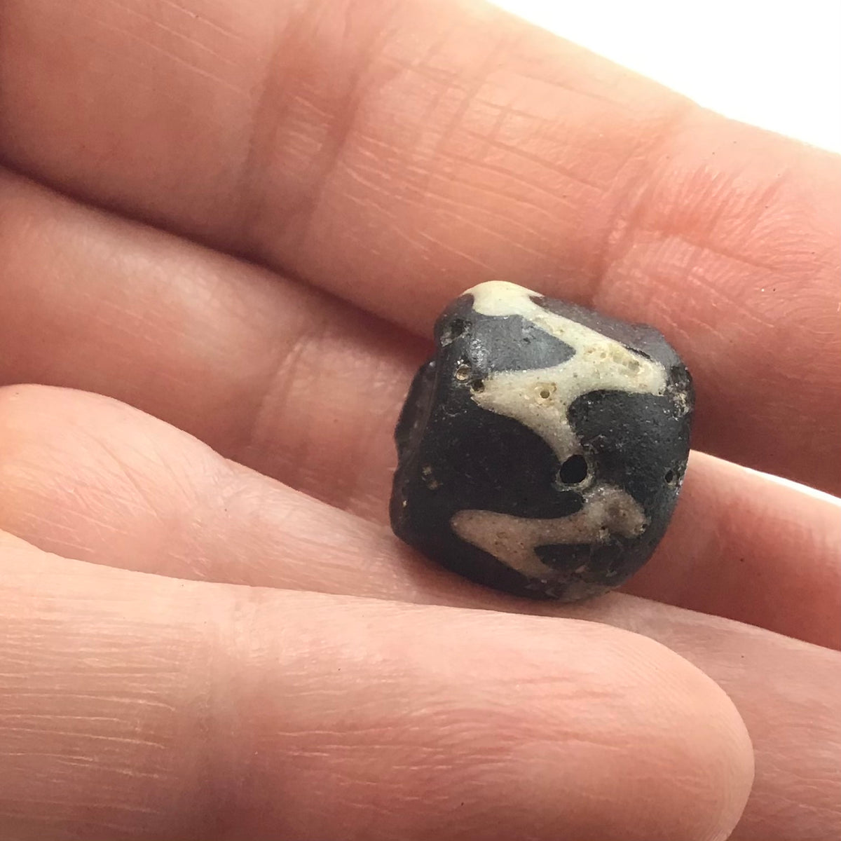 Black Ancient Glass Bead with White Designs - Rita Okrent Collection (AG079e)