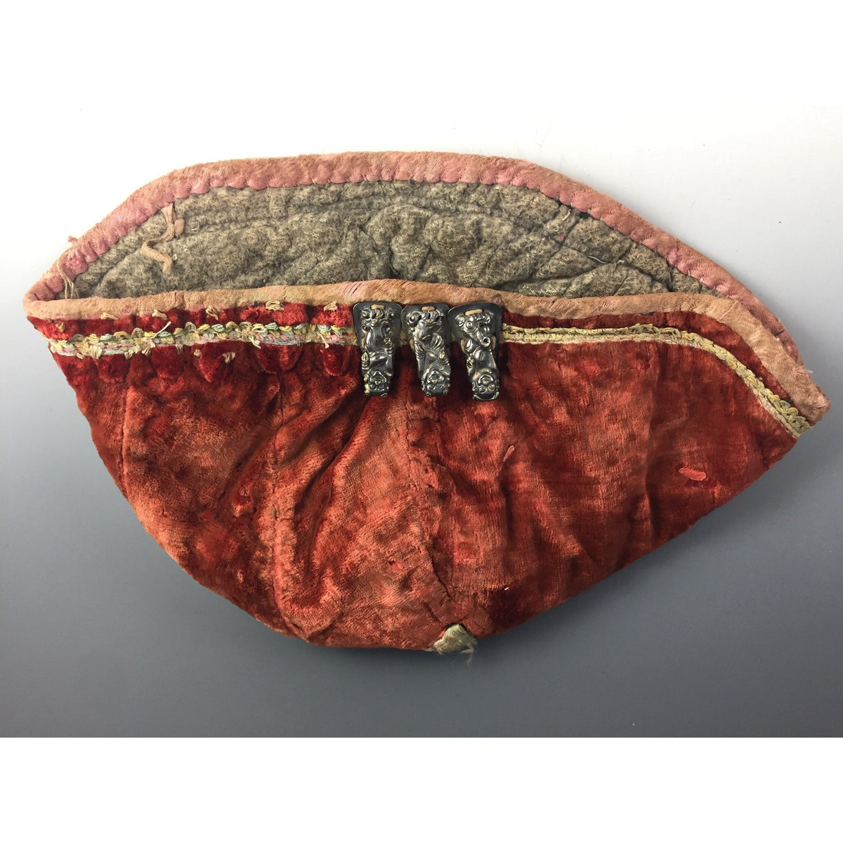 Red Orange Velvet Tiger Hat, Mainland China with 3 Silver Amulets - Rita Okrent Collection (AA025)