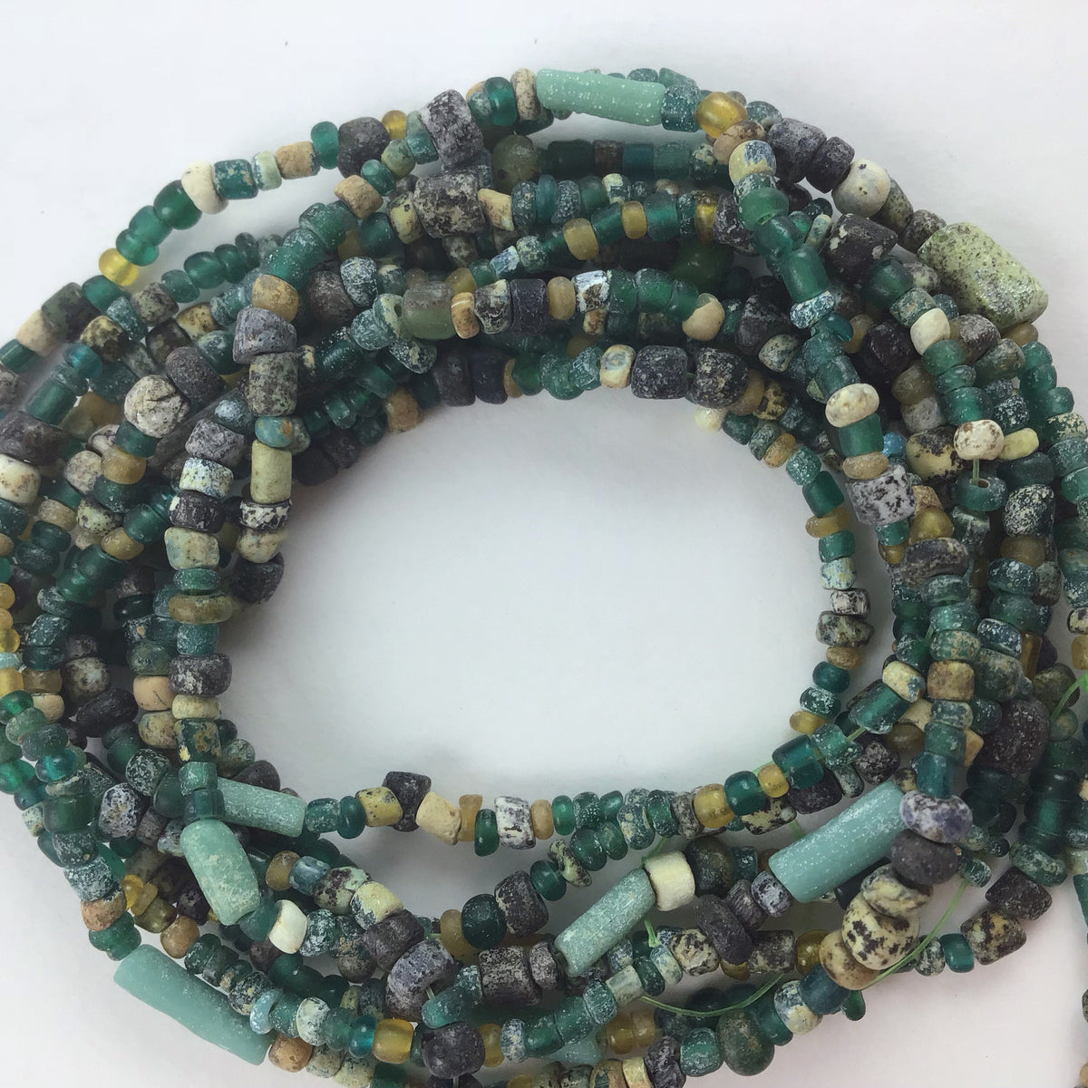 Varied length strands of Small Glass Nila Beads in Green, Yellow, and Blue Gray Colors- Rita Okrent Collection (AT1729)