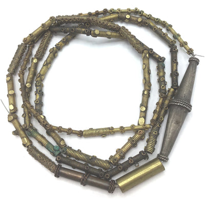 34 inch Mixed Vintage Handmade Yoruba Brass Decorated Tube Beads - Rita Okrent Collection (AT1646a)