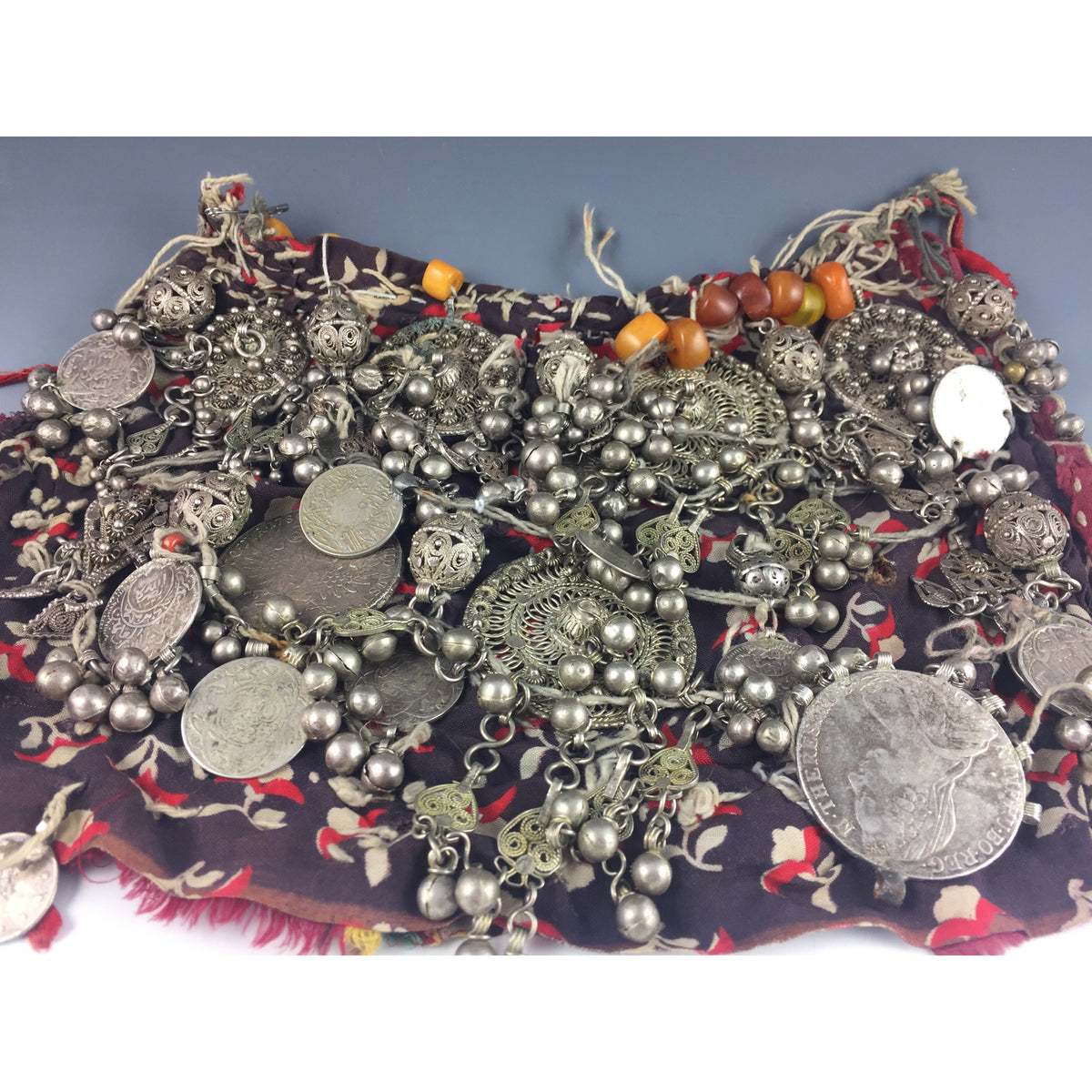 Spectacular Old Yemeni Bedouin Textile with Silver Pendants and Coins and Amber Beads - C516