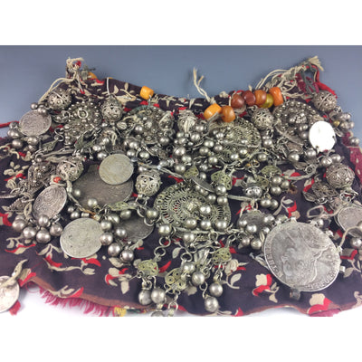 Spectacular Old Yemeni Bedouin Textile with Silver Pendants and Coins and Amber Beads - C516