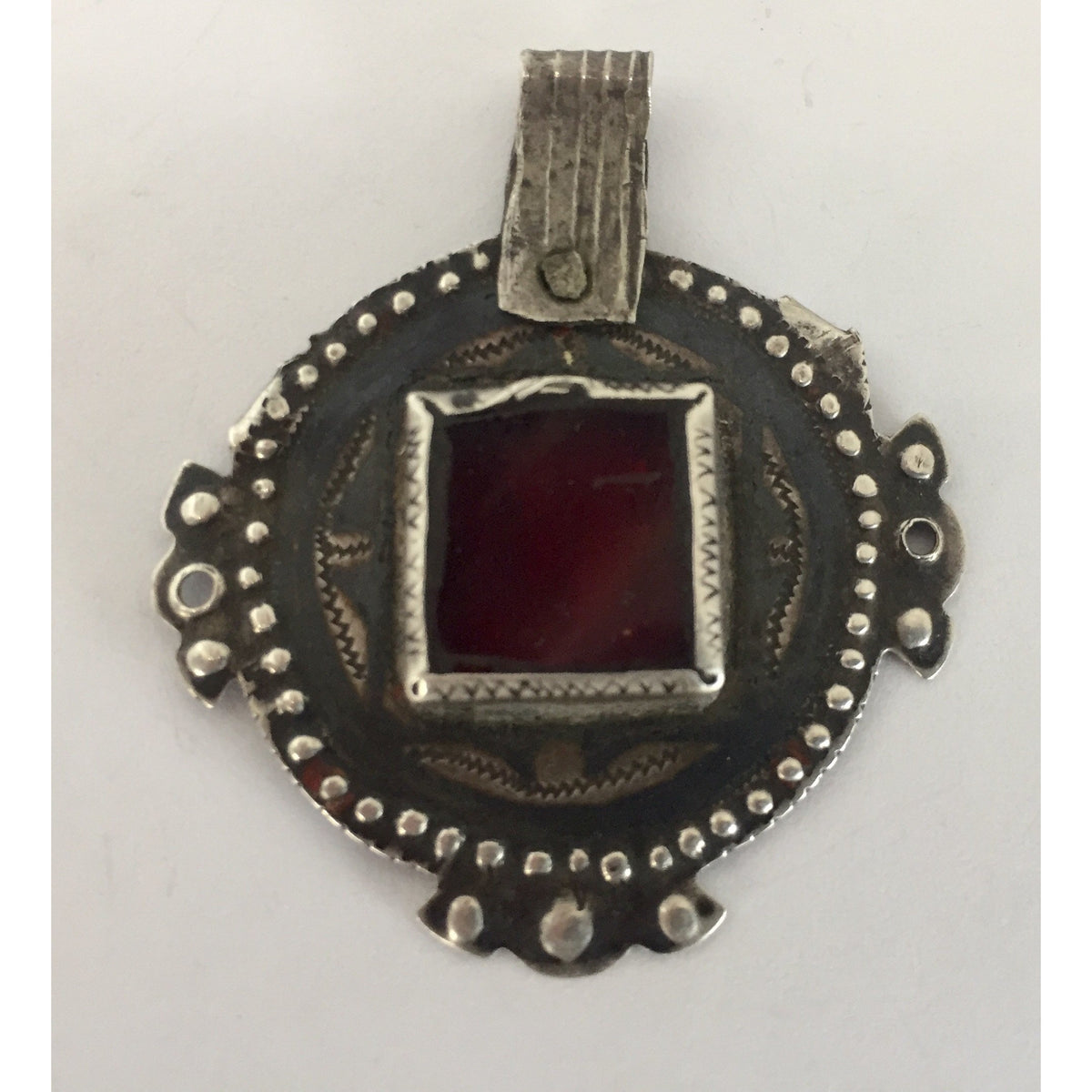 Nice Old Berber Niello Silver and Glass Pendant, Morocco - P538