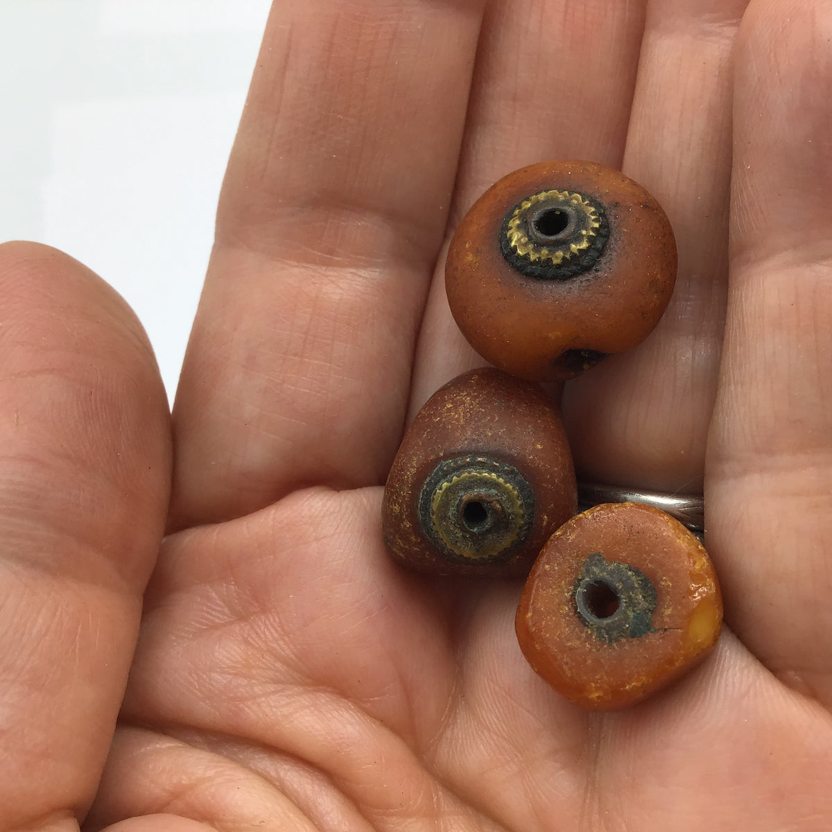 Set of 3 Collectible Antique Natural Amber Beads with Metal Bead Caps, Mauritania, West African Trade - Rita Okrent Collection (C555n)