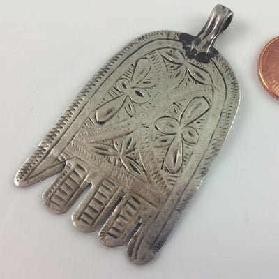 Antique Silver Hamsa with Etched Flowers, Souss Region, Morocco - P533