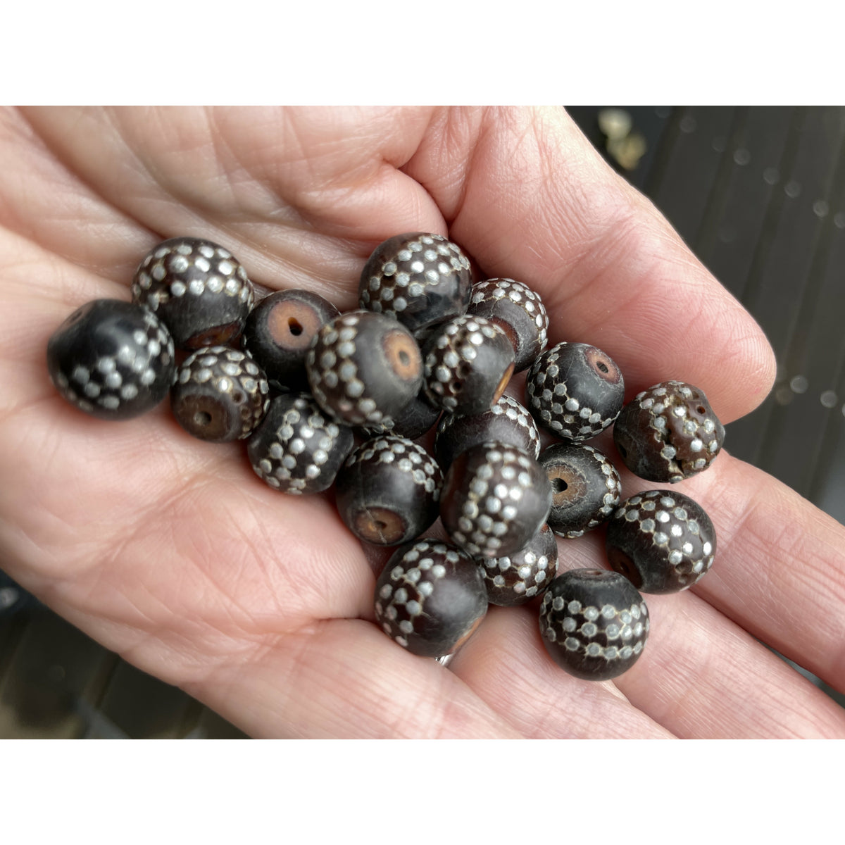 Yemeni Black Coral Beads with Silver Inlay, from a Tesbih - Prayer Strand - Worry Beads - Rita Okrent Collection (ANT652))