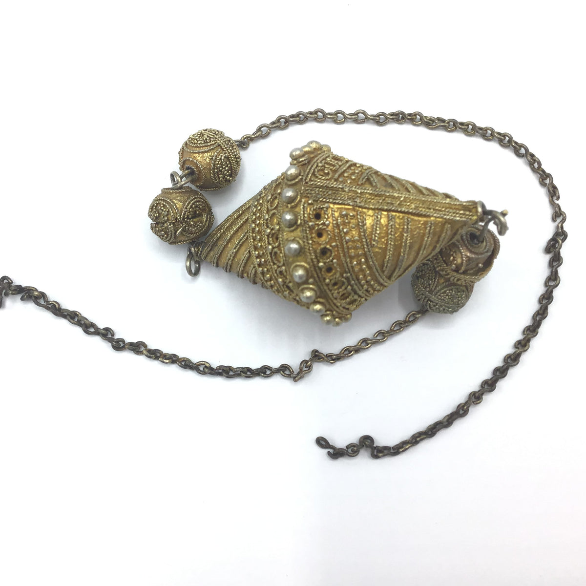 Gilded Silver Toucouleur Bicone Decorated Focal Bead on Chain, Senegal or Mauritania - Rita Okrent Collection (C507)