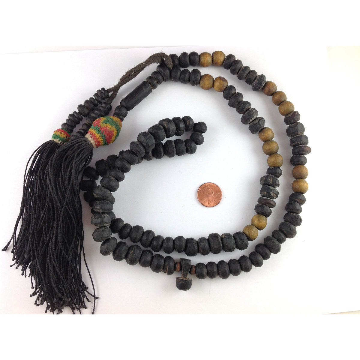 Lovely Old Long Decorative Mauritanian Wood Rosary Prayer Beads Tesbih with 3 Tassels - ANT222