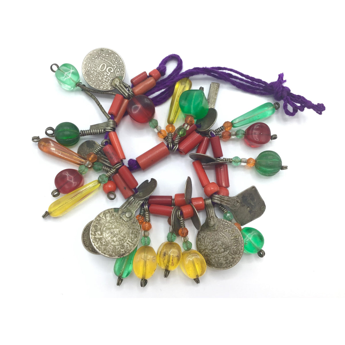Traditional Rural Berber Necklace with Coin Pendants and Glass Earring Elements - Rita Okrent Collection (NE516)