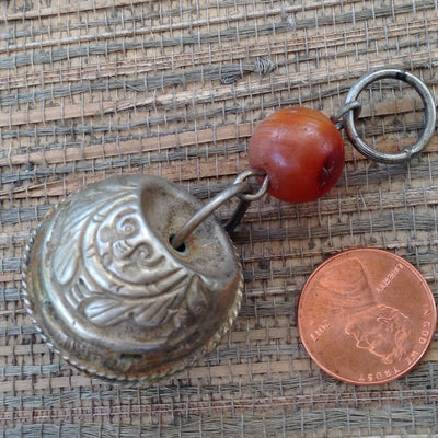 Antique Hanging Engraved Ornamental Silver Bell Pendant, with Carnelian Glass Bead, China - P565