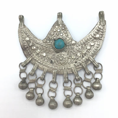 Traditional Tribal Bedouin Crescent Star Pendant, with Lovely Etching and Blue Glass - Rita Okrent Collection (P597b)