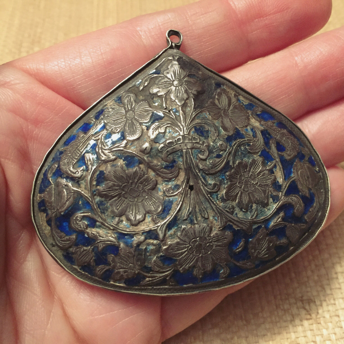 Antique Persian Blue Enameled Silver Brooch Pendant, Iran - Rita Okrent Collection (C558)