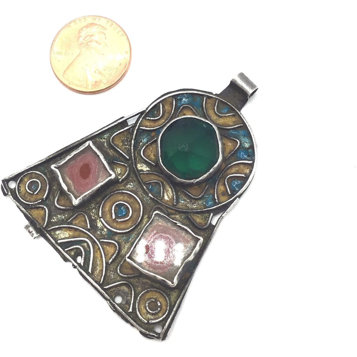 Enameled Berber Silver Pendant with Glass Insets, Morocco - Rita Okrent Collection (P569)