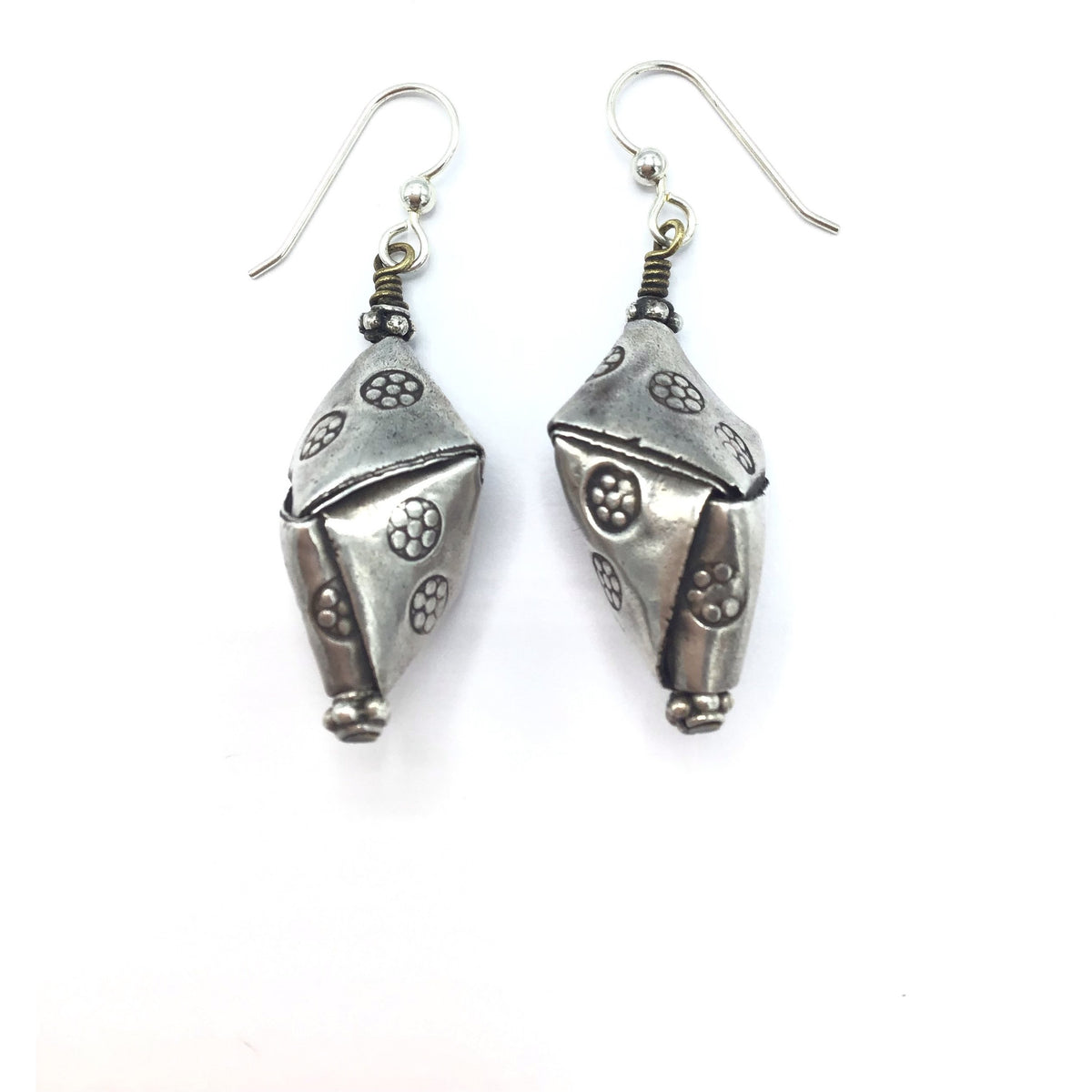 Thai Keren Hill Tribe Stamped Silver Kite-Shaped Beaded Hanging Earrings - Rita Okrent Collection (E357)