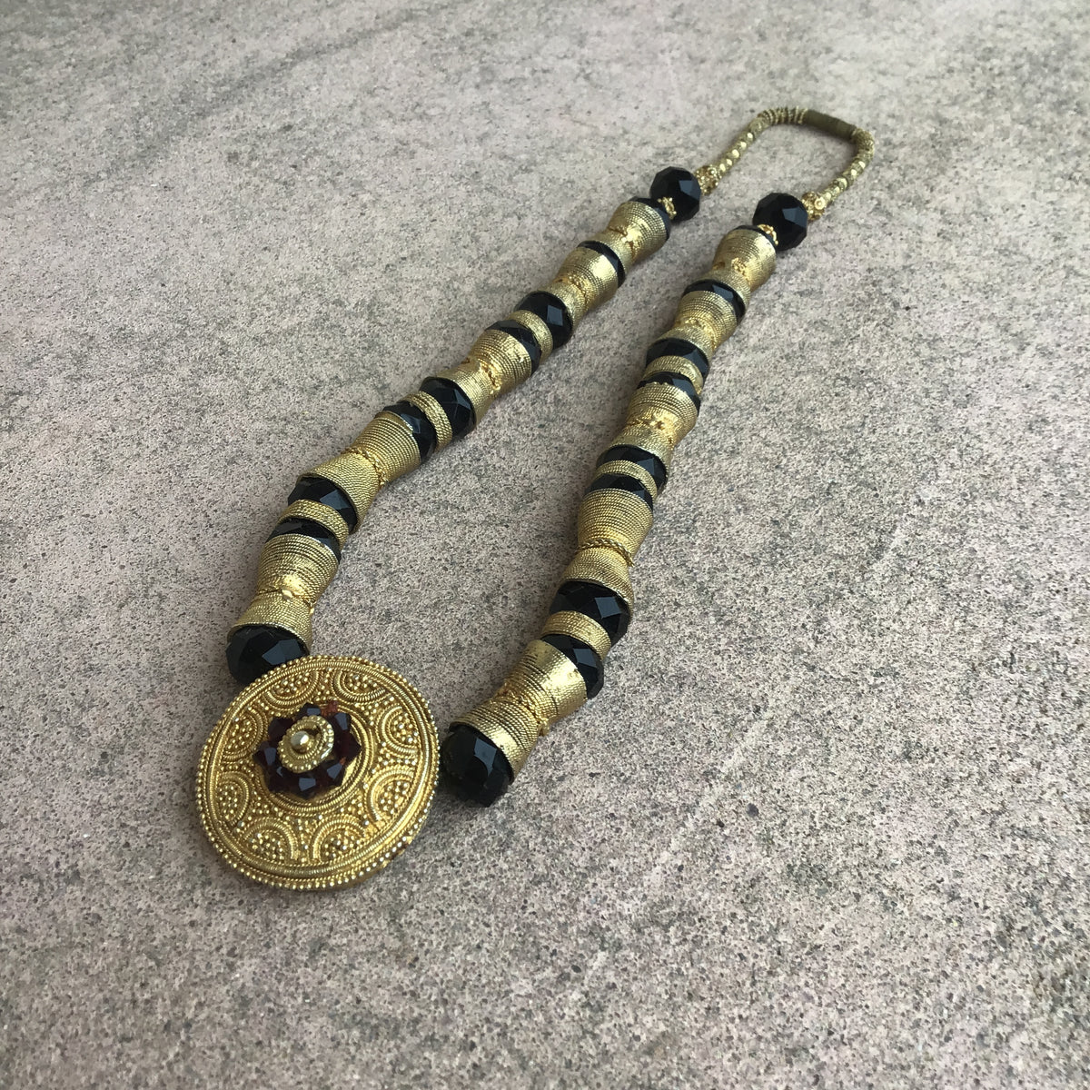 Gilded Gold-Plated Gold with Black Glass Necklace from Senegal - Rita Okrent Collection (NE480)