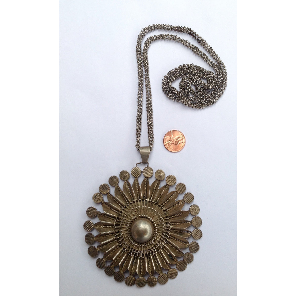 Large Silver Fulani Sun Pendant with Silver Chain, Mali - P679