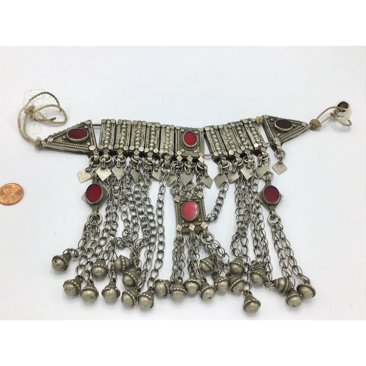 Traditional Yemeni Silver Bridal Wedding Necklace or Headdress with Red Glass Settings and Dangles - Rita Okrent Collection (C689)