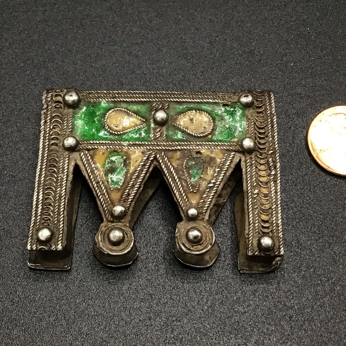Enameled Yellow and Green Berber Silver Protective Hirz Box Amulet, Morocco - Rita Okrent Collection (P717)