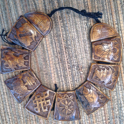 Carved Wooden Buddhist Flat 4-Holed Beads, Strand, Nepal - Rita Okrent Collection (ANT117)