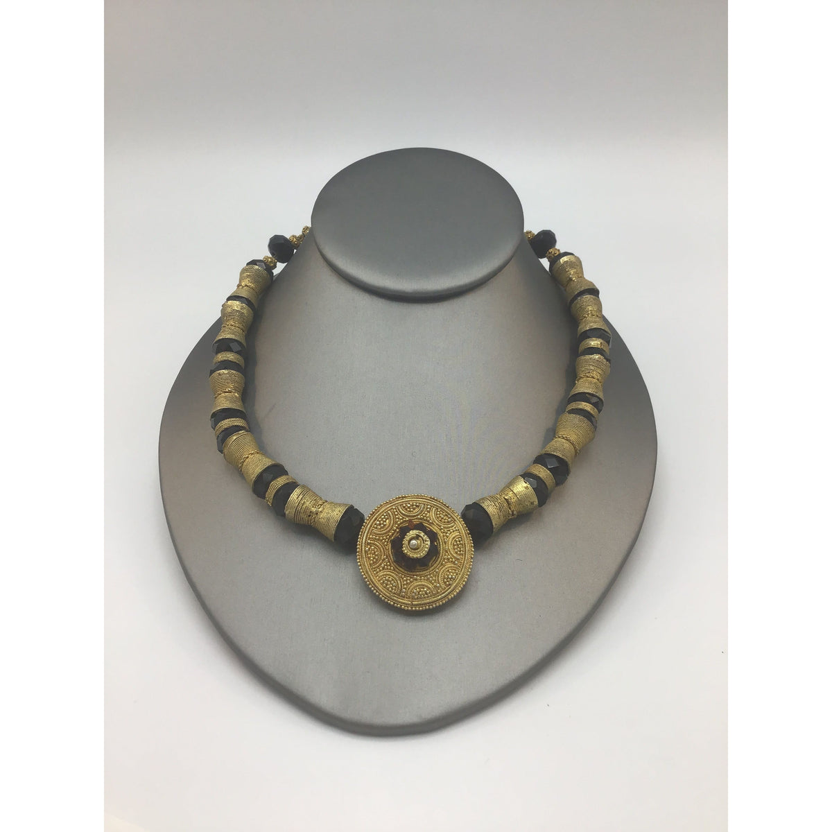 Gilded Gold-Plated Gold with Black Glass Necklace from Senegal - Rita Okrent Collection (NE480)