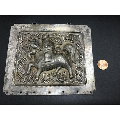 Antique Chinese Repousse Silver Plaque with Warrior on Decorated Horse - Rita Okrent Collection (C180)