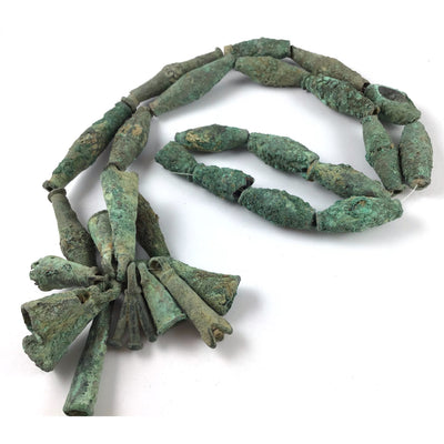 Bronze Bead Necklace with 11 Bells and Pendants and Lots of Patina, Dogon People, Mali - Rita Okrent Collection (C174h)