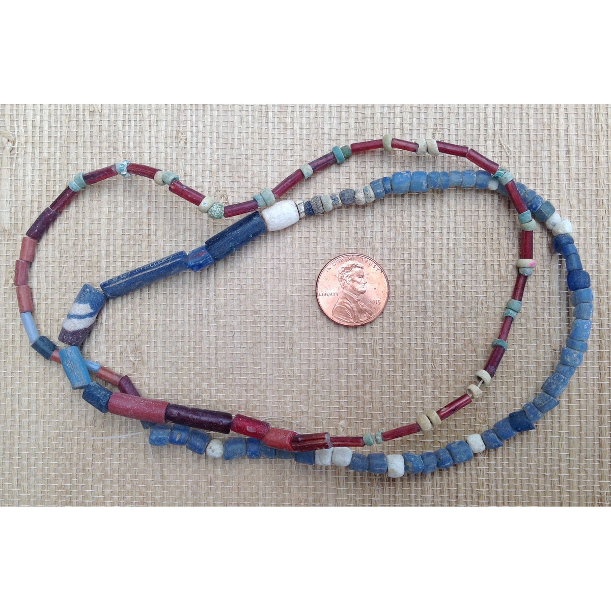 Mixed Blue and Red Glass Koli Aggrey Beads, Timbuktu or Djenne, Mali, with Nila beads AT0068