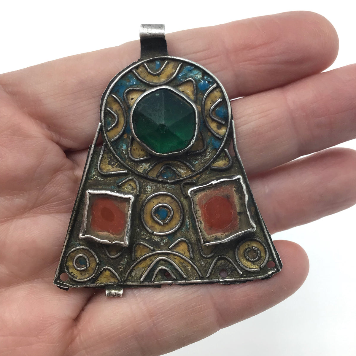Enameled Berber Silver Pendant with Glass Insets, Morocco - Rita Okrent Collection (P569)