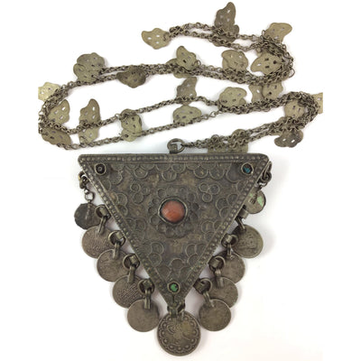 Antique Kurdish Decorated Silver Triangular Box Pendant with Hanging Coins and Carnelian Stone Setting on Chain, Anatolia - Rita Okrent Collection (NE425)