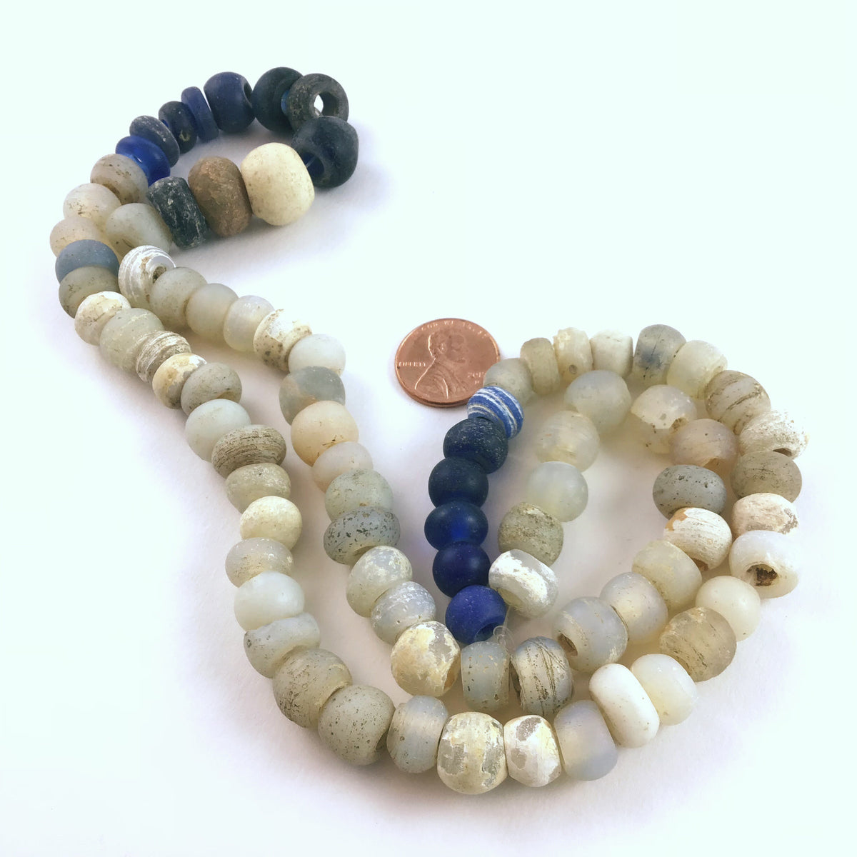 Strand of Antique Dutch Glass Opalescent Moon Beads with Dark Blue Dutch Glass Beads, Ethiopia - Rita Okrent Collection (ANT444)