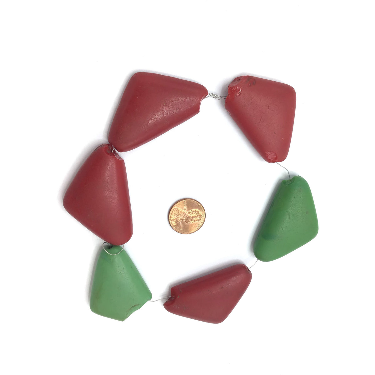 Czech Molded Glass Triangular Conus Shell Glass Beads, in Red and Green, Bohemia - Rita Okrent Collection (C564)