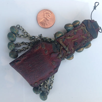 Harratine Gris Gris Leather Protective Amulet with Buttons, Shell, Chains and Brass, Morocco - P564