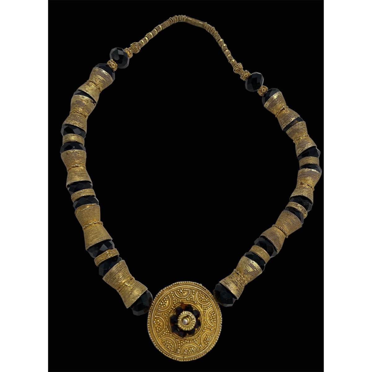 Gilded Gold-Plated Gold with Black Glass Necklace from Senegal - Rita Okrent Collection (NE480)