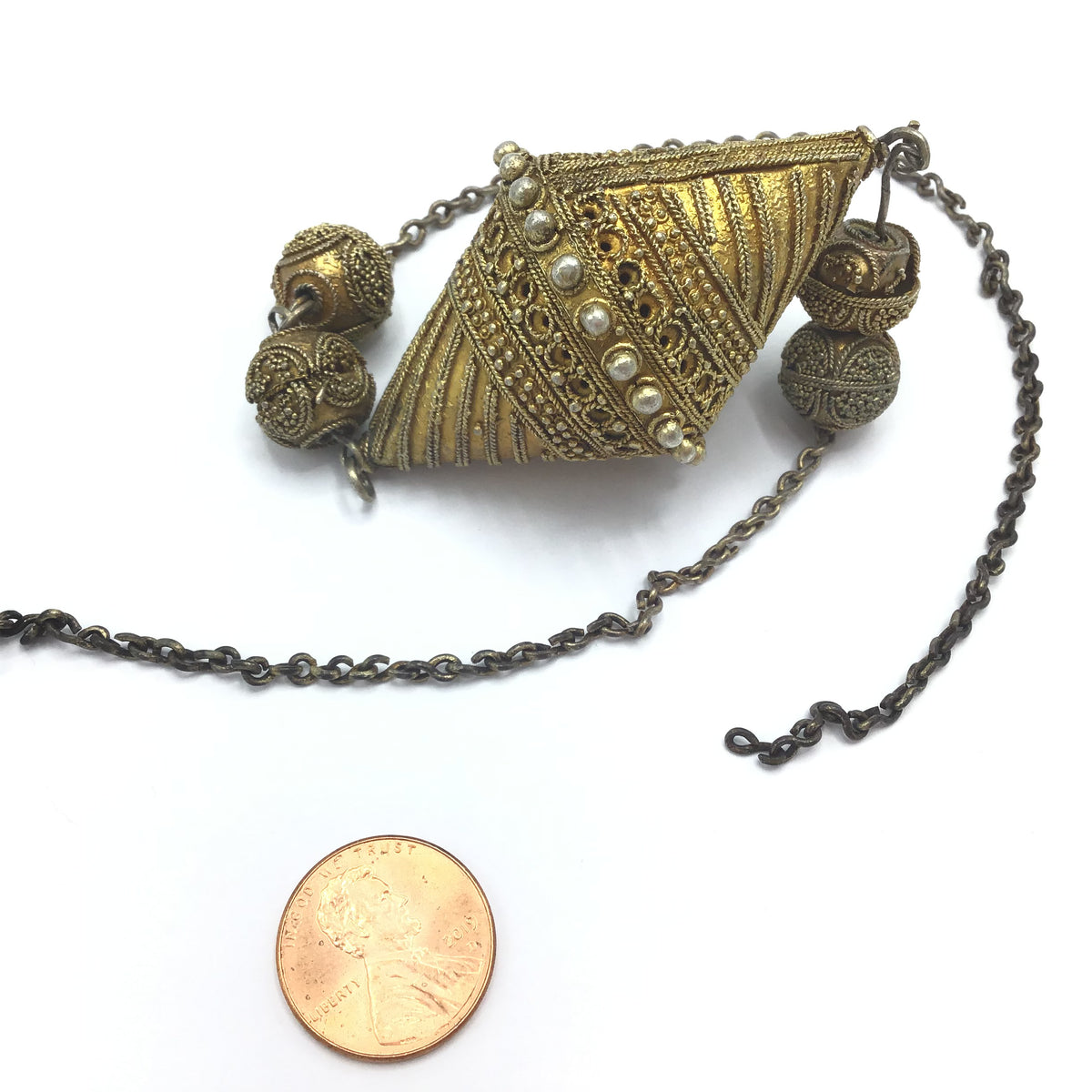 Gilded Silver Toucouleur Bicone Decorated Focal Bead on Chain, Senegal or Mauritania - Rita Okrent Collection (C507)