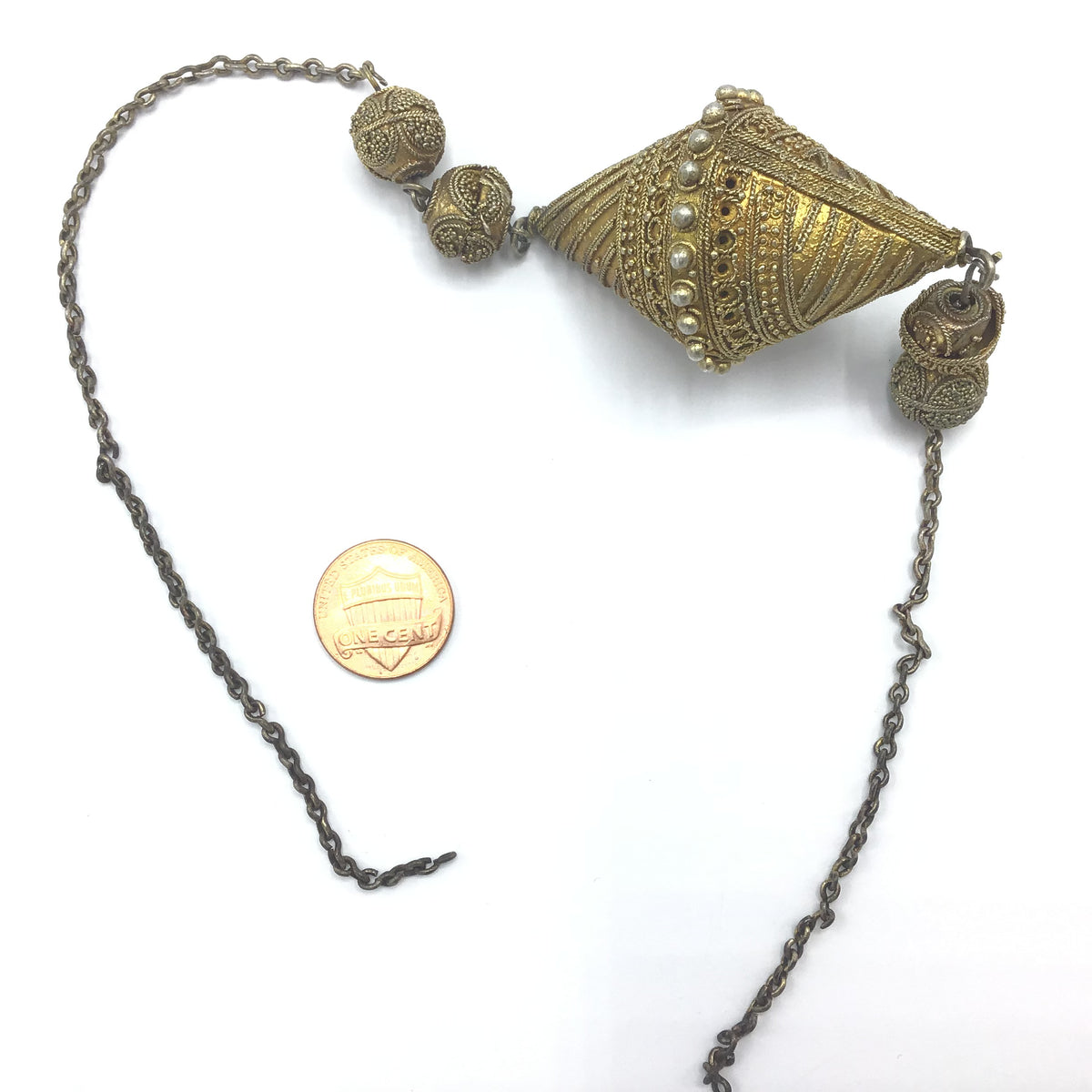 Gilded Silver Toucouleur Bicone Decorated Focal Bead on Chain, Senegal or Mauritania - Rita Okrent Collection (C507)