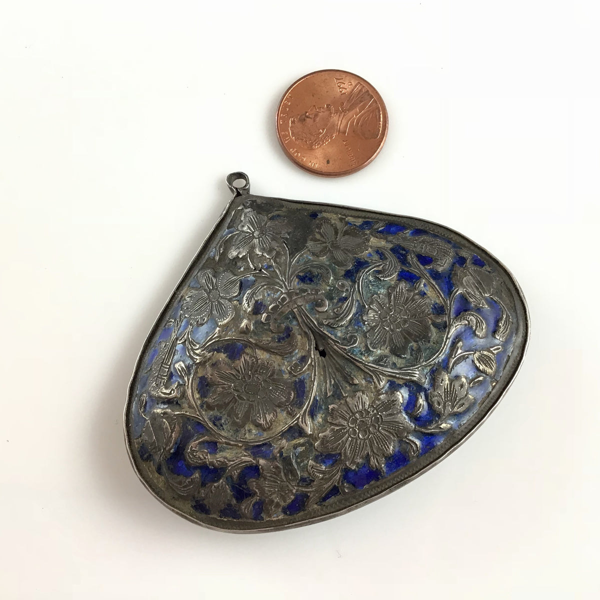 Antique Persian Blue Enameled Silver Brooch Pendant, Iran - Rita Okrent Collection (C558)