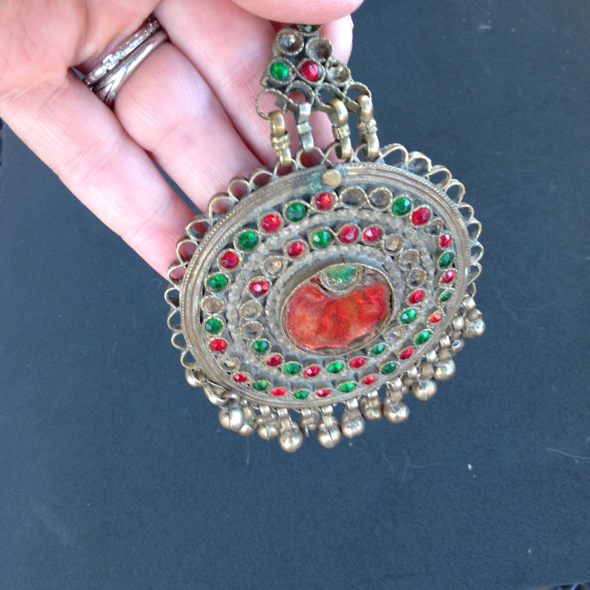 Antique Circular Kuchi Afghani Pendant with Red and Green Settings and Dangles - Rita Okrent Collectinon (P109)