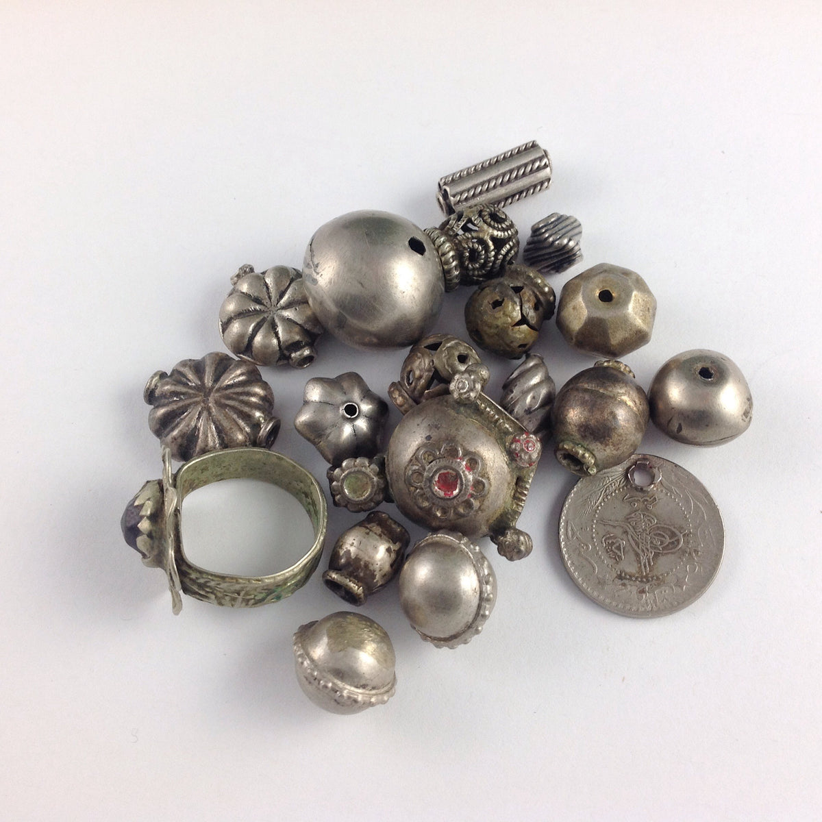 Mixed Group of 18 Coin Silver Beads and Pendants, Various Sizes and Shapes - Rita Okrent Collection (ANT328c)