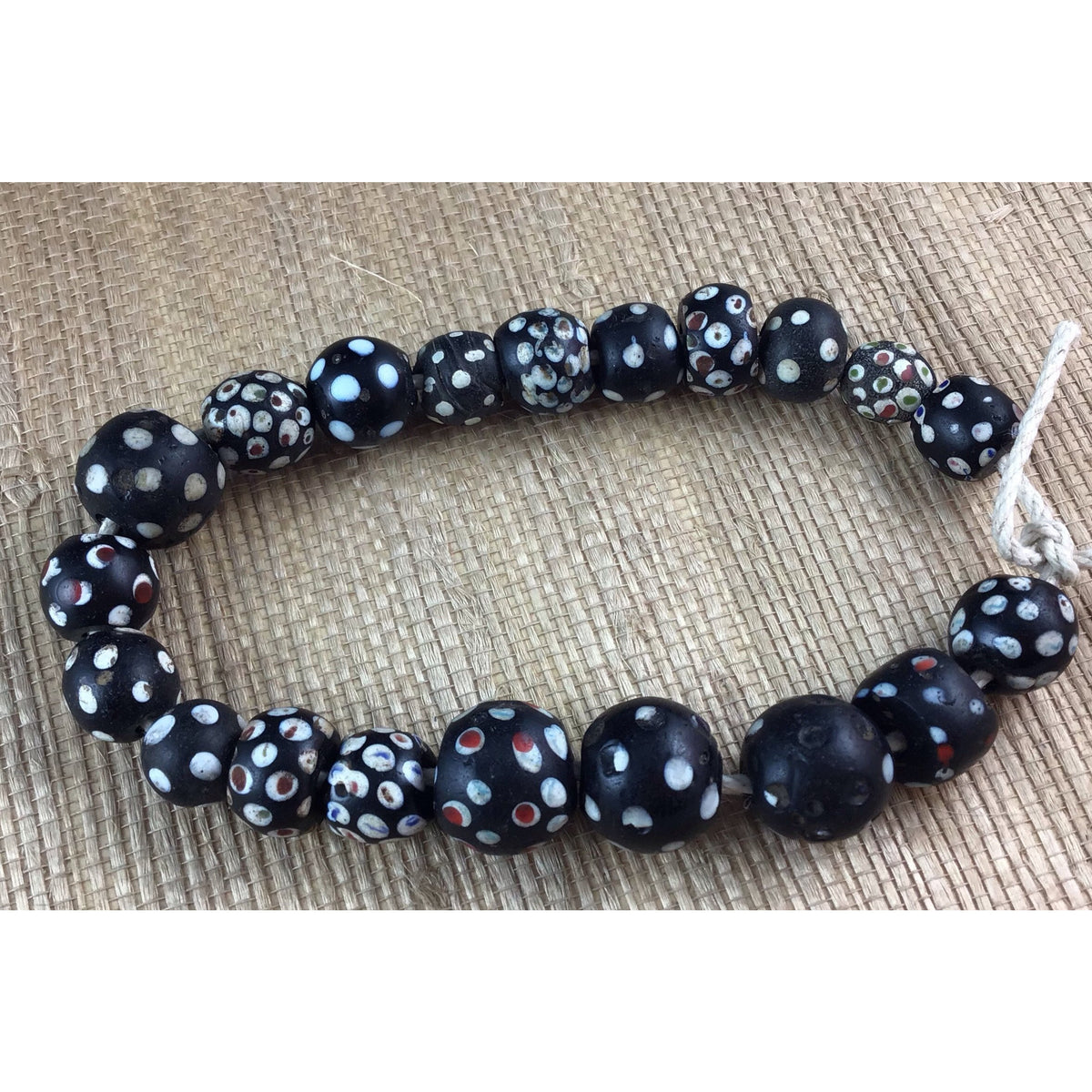 20 Antique Thousand Eye Skunk Mixed Trade Beads, Black with White and Red Dots - AT0667